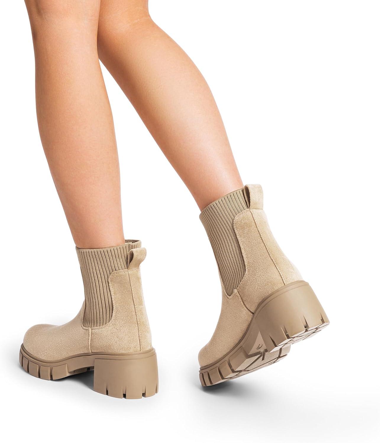 imageDREAM PAIRS Womens Elastic Chelsea Ankle Boots Fashion Low Chunky Heel Platform Lug Sole Short Booties ShoesNudesuede