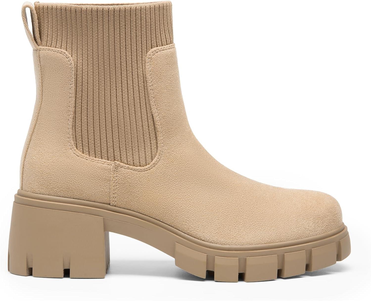 imageDREAM PAIRS Womens Elastic Chelsea Ankle Boots Fashion Low Chunky Heel Platform Lug Sole Short Booties ShoesNudesuede