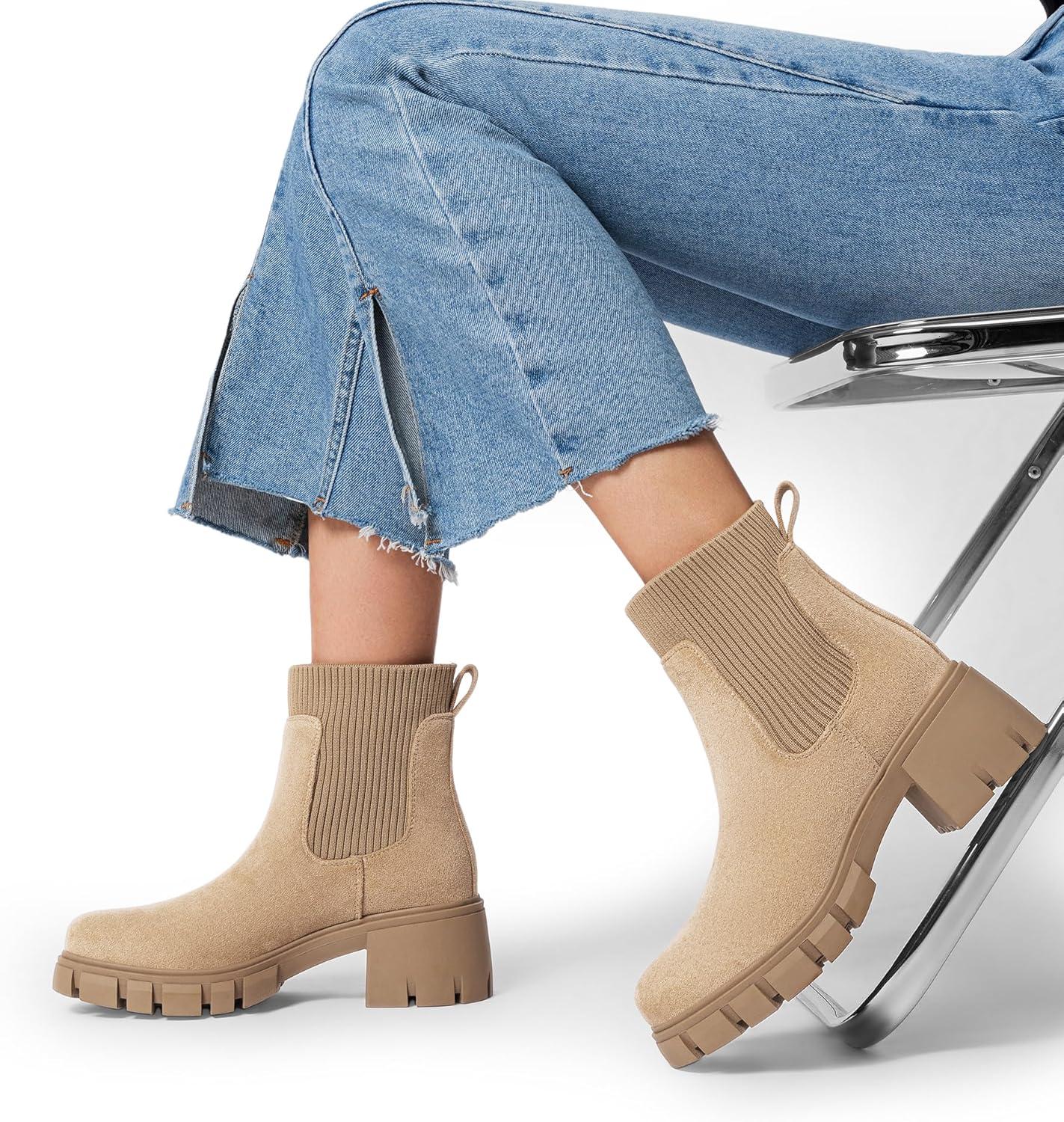 imageDREAM PAIRS Womens Elastic Chelsea Ankle Boots Fashion Low Chunky Heel Platform Lug Sole Short Booties ShoesNudesuede