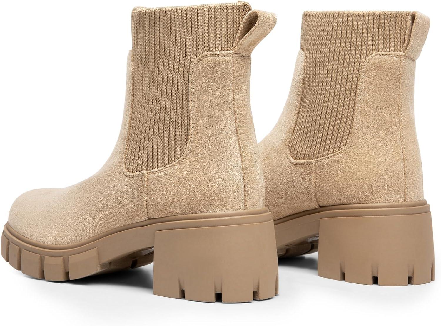 imageDREAM PAIRS Womens Elastic Chelsea Ankle Boots Fashion Low Chunky Heel Platform Lug Sole Short Booties ShoesNudesuede