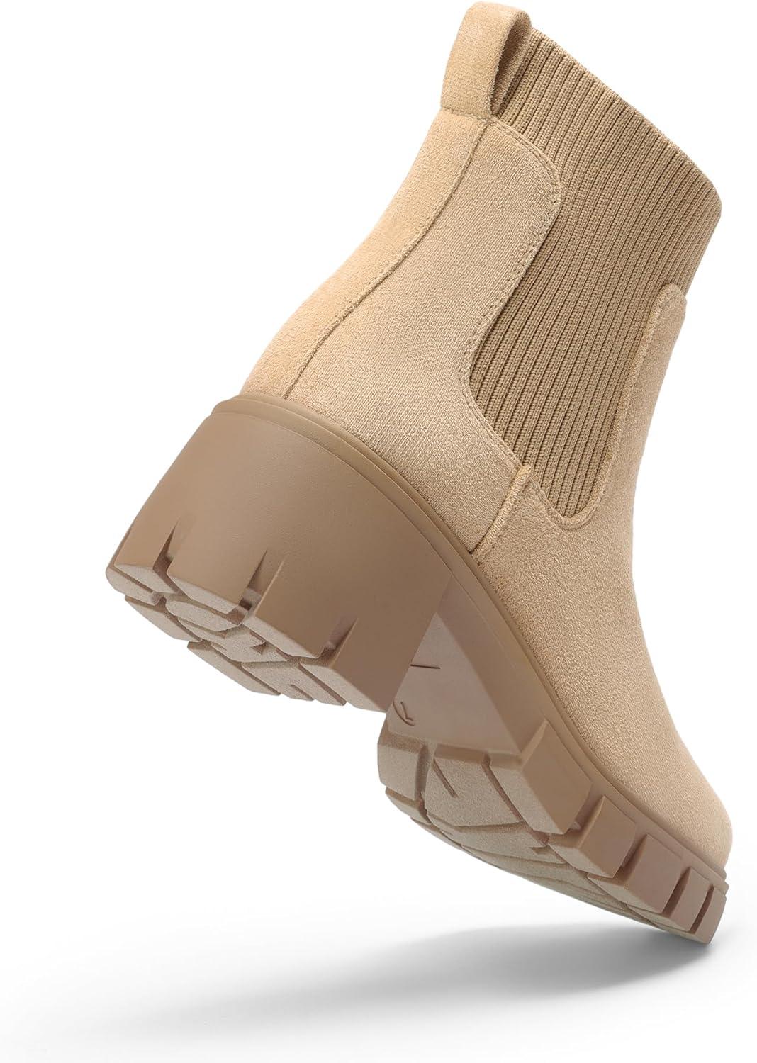 imageDREAM PAIRS Womens Elastic Chelsea Ankle Boots Fashion Low Chunky Heel Platform Lug Sole Short Booties ShoesNudesuede
