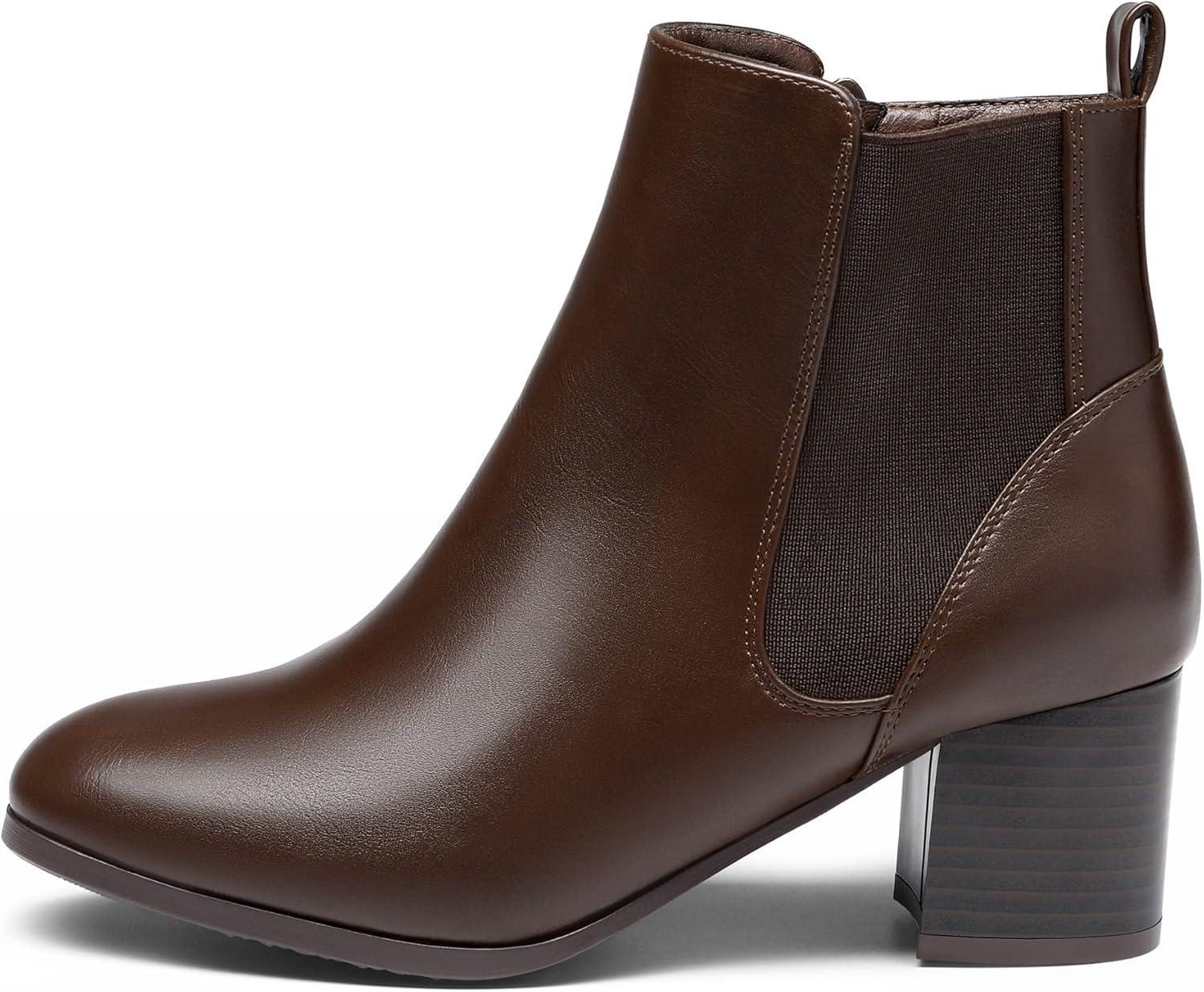 imageDREAM PAIRS Womens Elastic Gore Chelsea Boots Chunky Block Heel Ankle BootieBrownPu