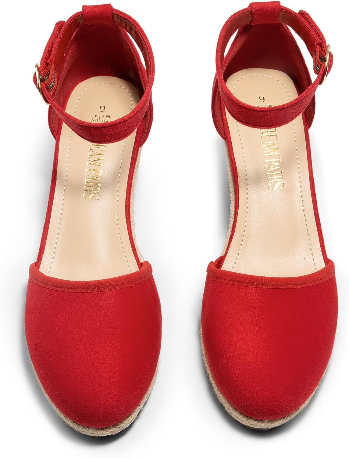 imageDREAM PAIRS Womens Espadrilles Closed Toe Ankle Strap Dressy Platform Wedge SandalsRedsuede