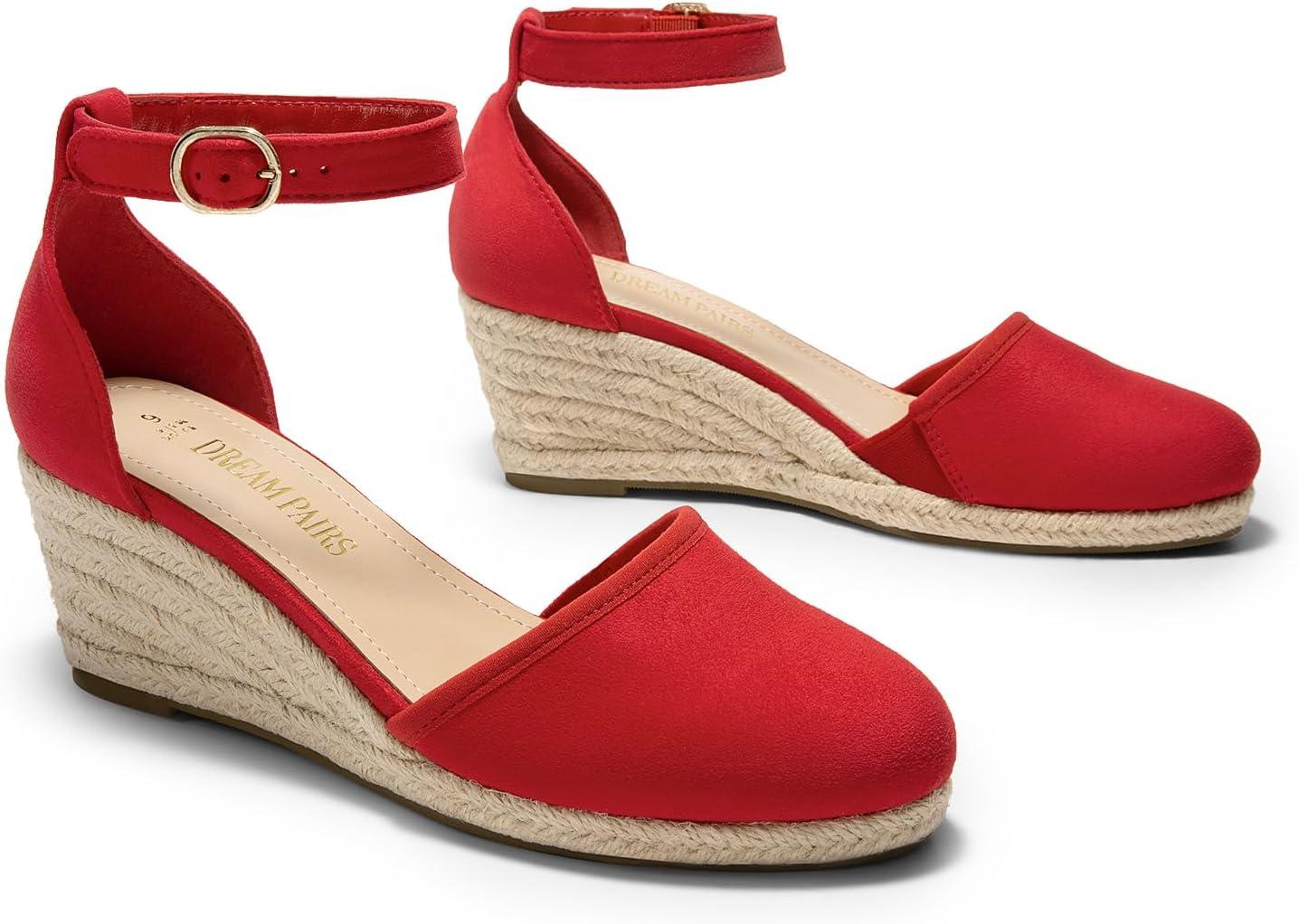 imageDREAM PAIRS Womens Espadrilles Closed Toe Ankle Strap Dressy Platform Wedge SandalsRedsuede
