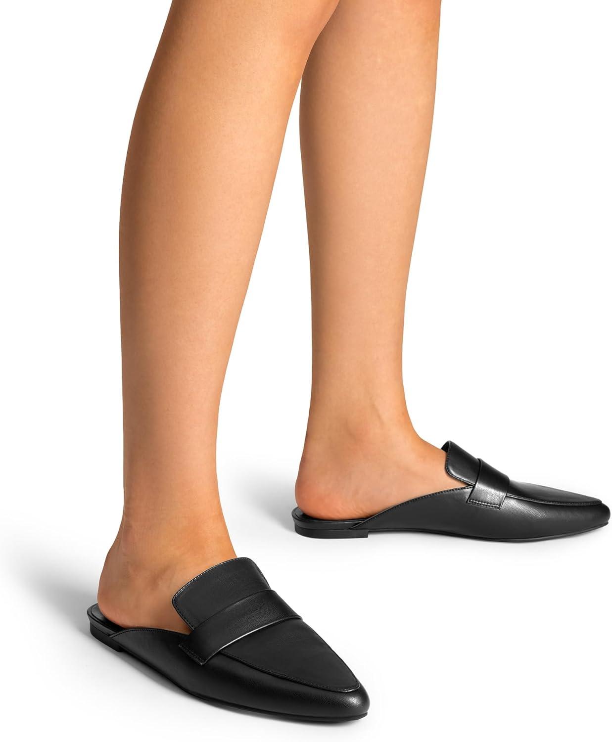 imageDREAM PAIRS Womens Flat Mules Buckle Pointed Toe Backless Slip on Slides Loafer ShoesBlack