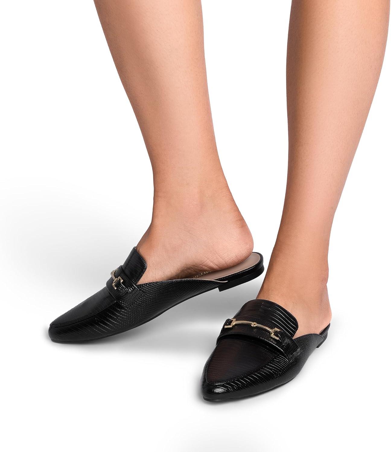 imageDREAM PAIRS Womens Flat Mules Buckle Pointed Toe Backless Slip on Slides Loafer ShoesBlacksnake