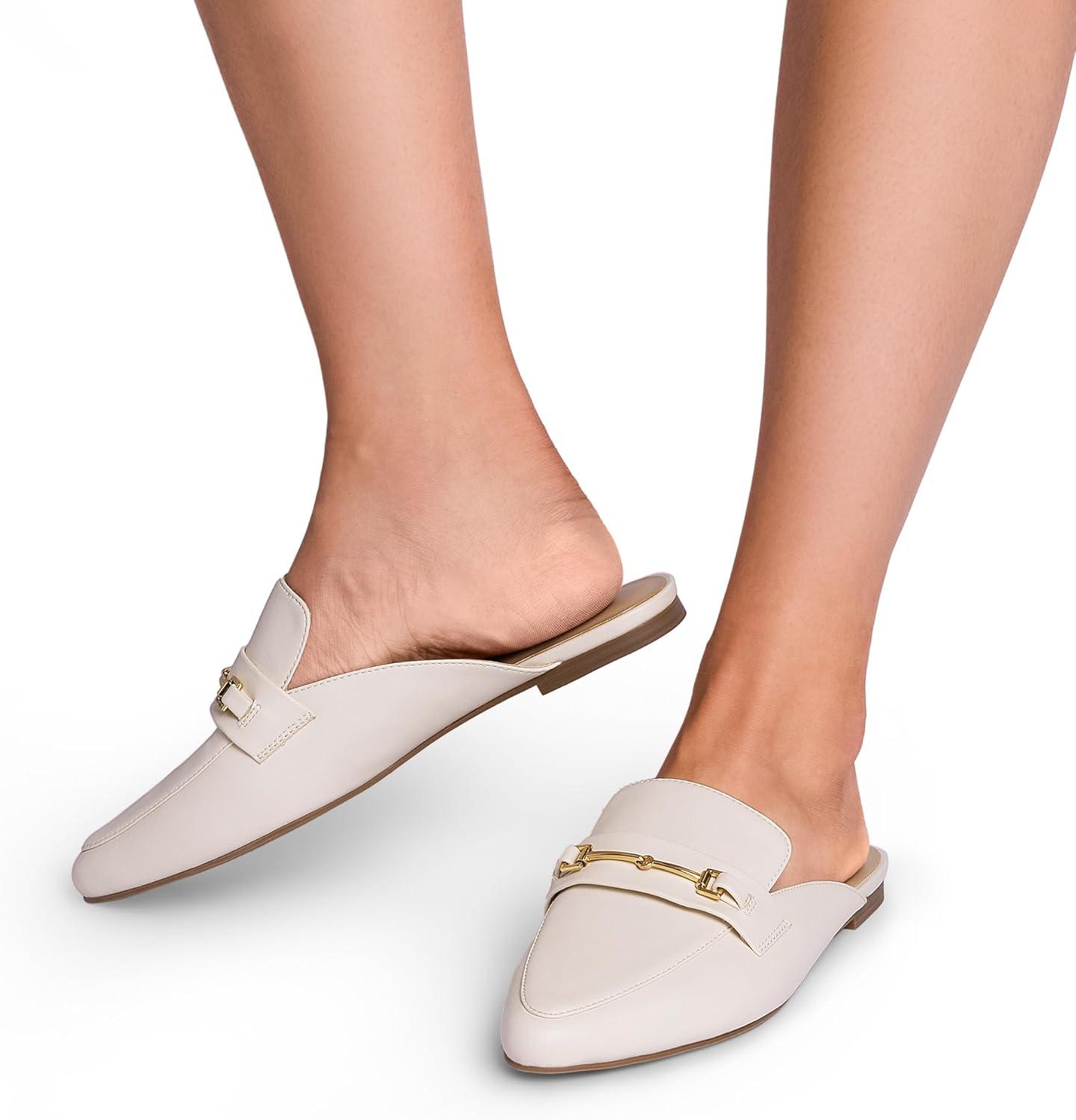 imageDREAM PAIRS Womens Flat Mules Buckle Pointed Toe Backless Slip on Slides Loafer ShoesWhitePu