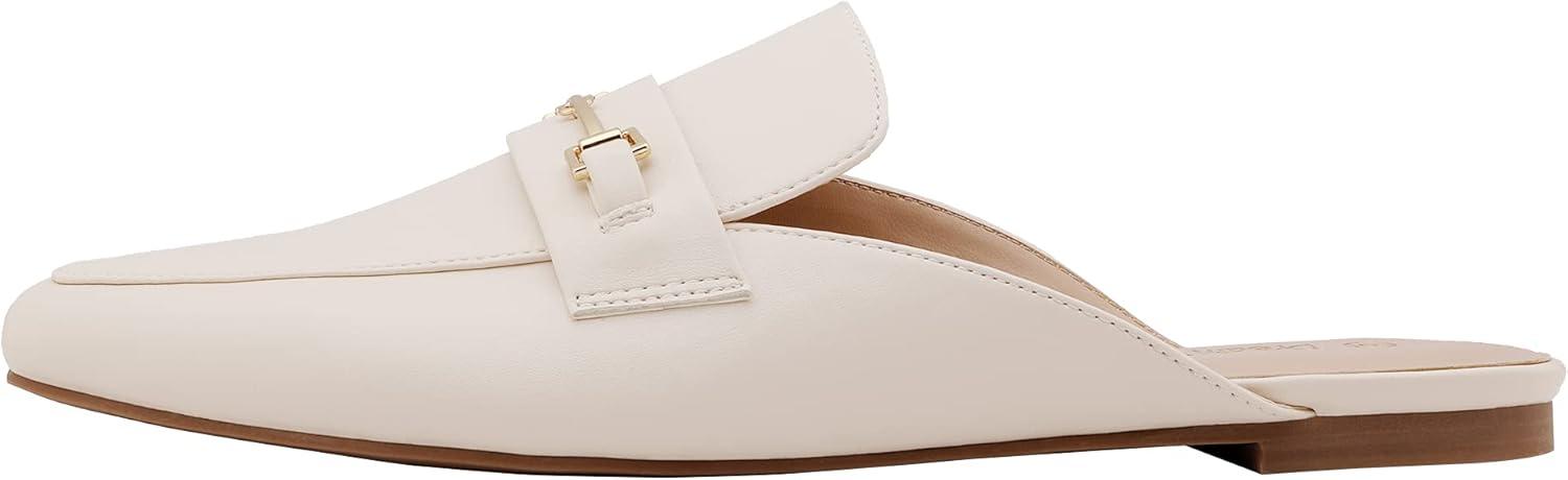 imageDREAM PAIRS Womens Flat Mules Buckle Pointed Toe Backless Slip on Slides Loafer ShoesWhitePu