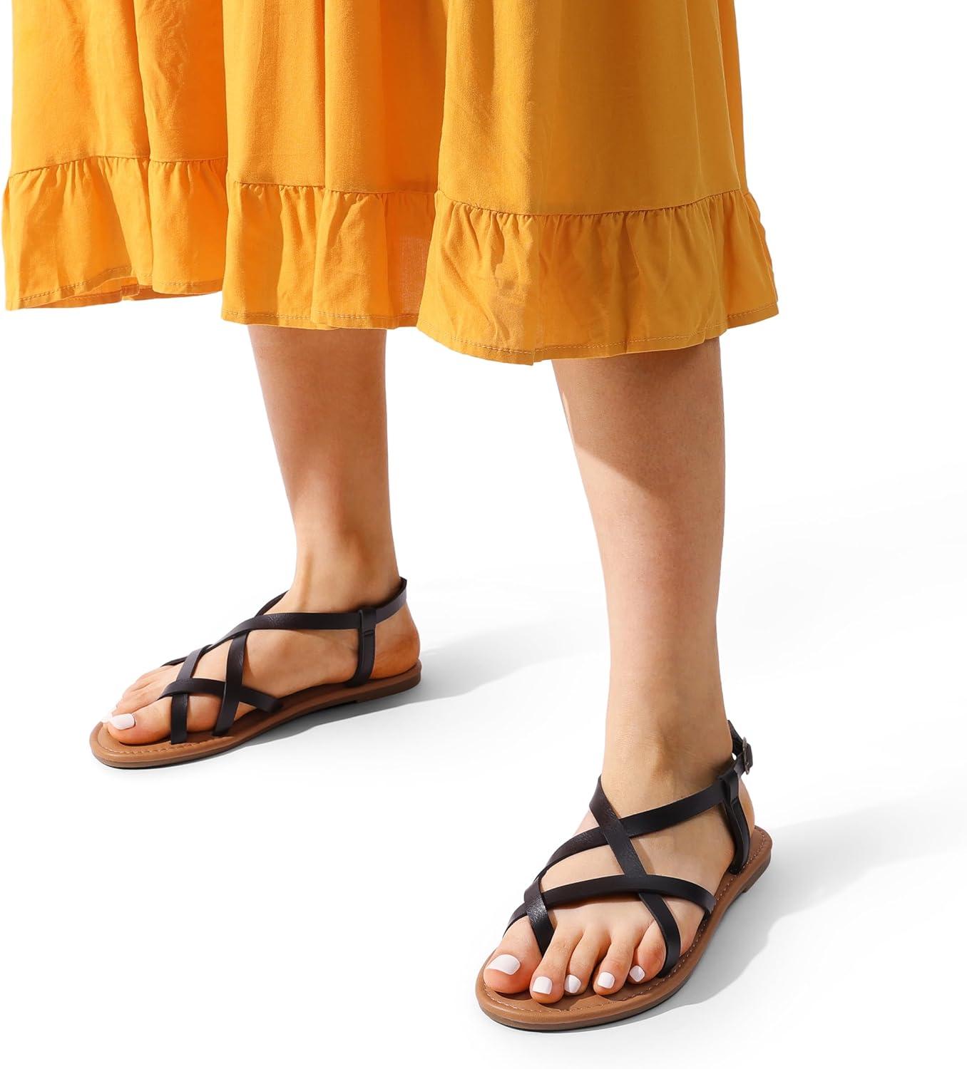 imageDREAM PAIRS Womens Flat Sandals Strappy Dressy Comfortable Ankle Strap Casual Summer Thong Sandals for Beach