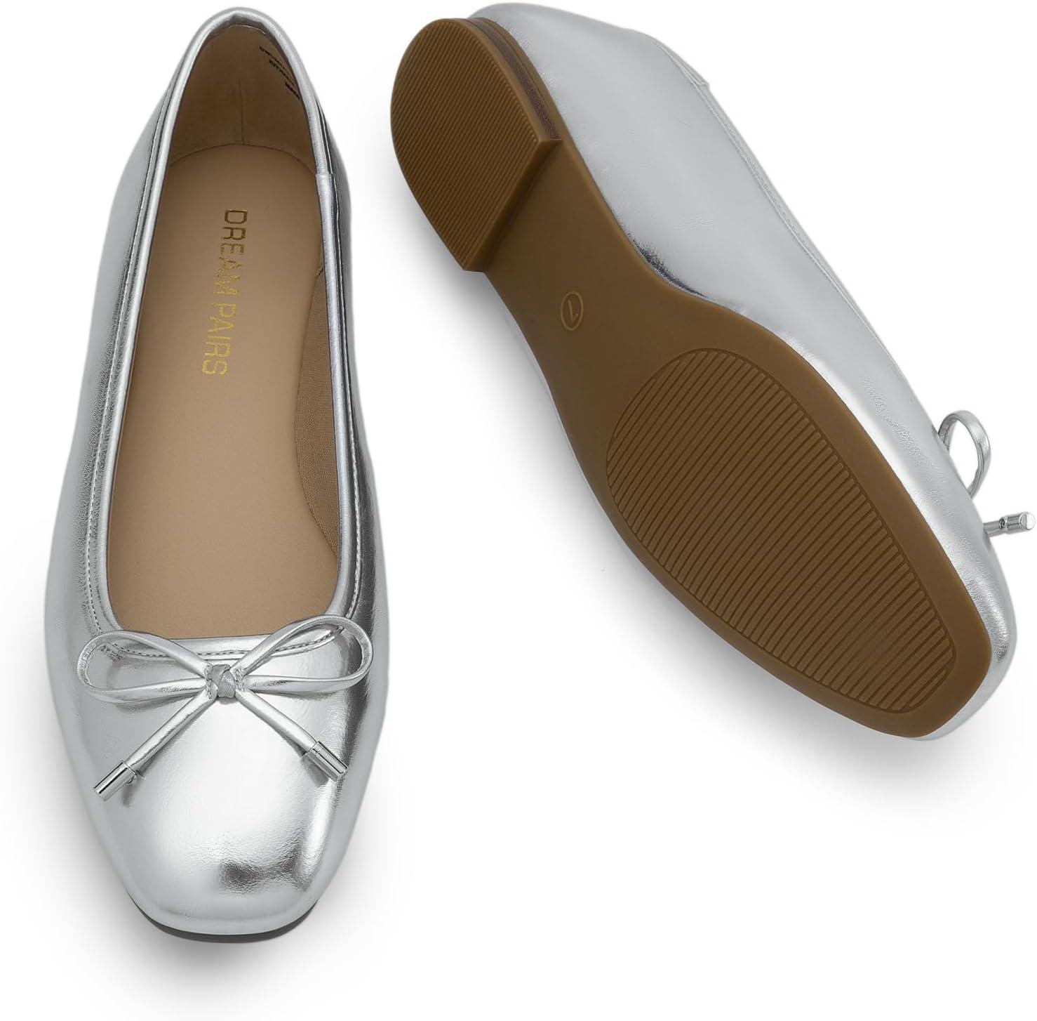 imageDREAM PAIRS Womens Flats Square Toe Ballet Flats Comfortable Casual Ballerina Flat Dress Shoes with Bow Suitable for Dressy Business Casual Work OfficeSilver