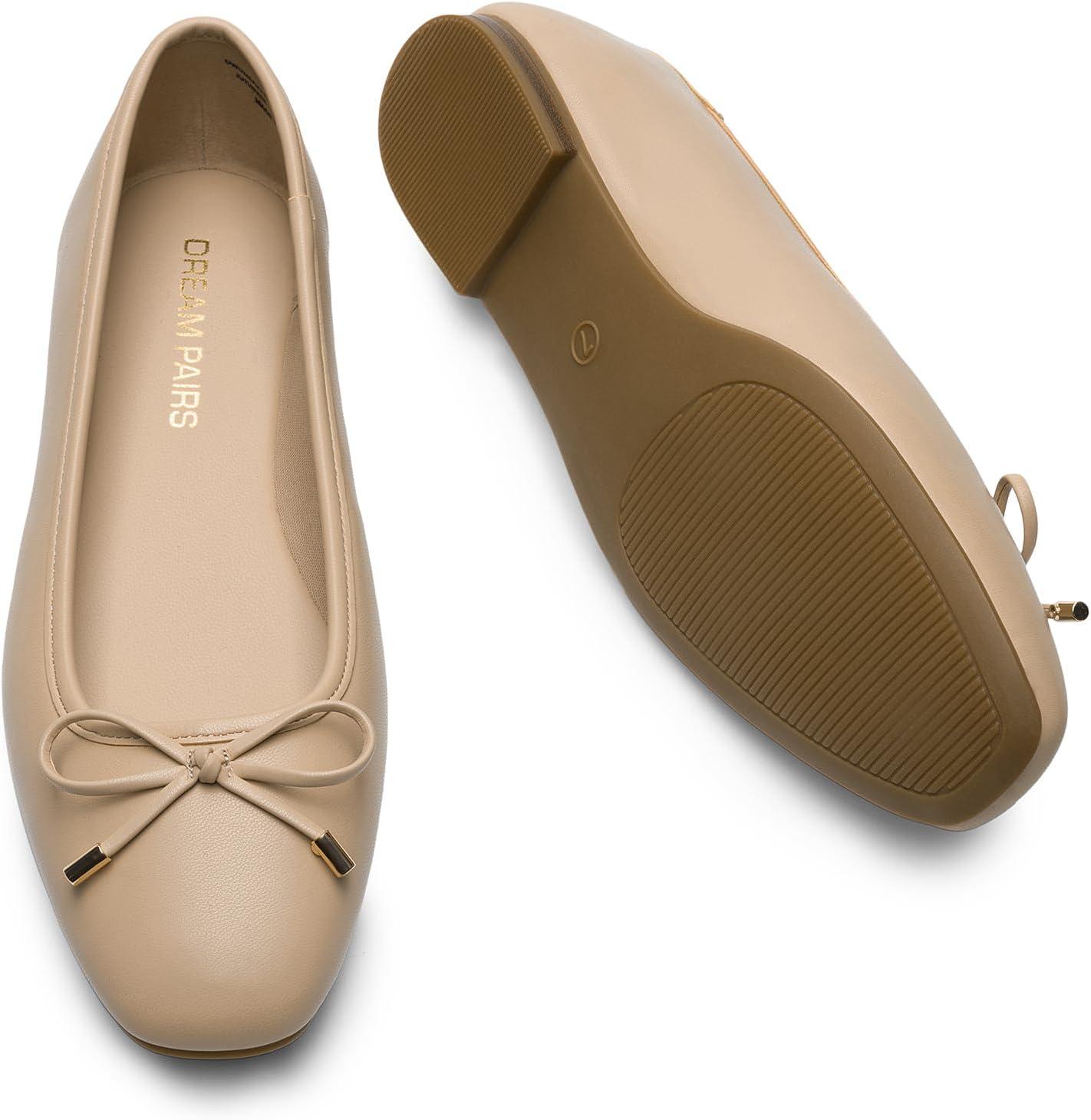 imageDREAM PAIRS Womens Flats Square Toe Ballet Flats Comfortable Casual Ballerina Flat Dress Shoes with Bow Suitable for Dressy Business Casual Work OfficeNude