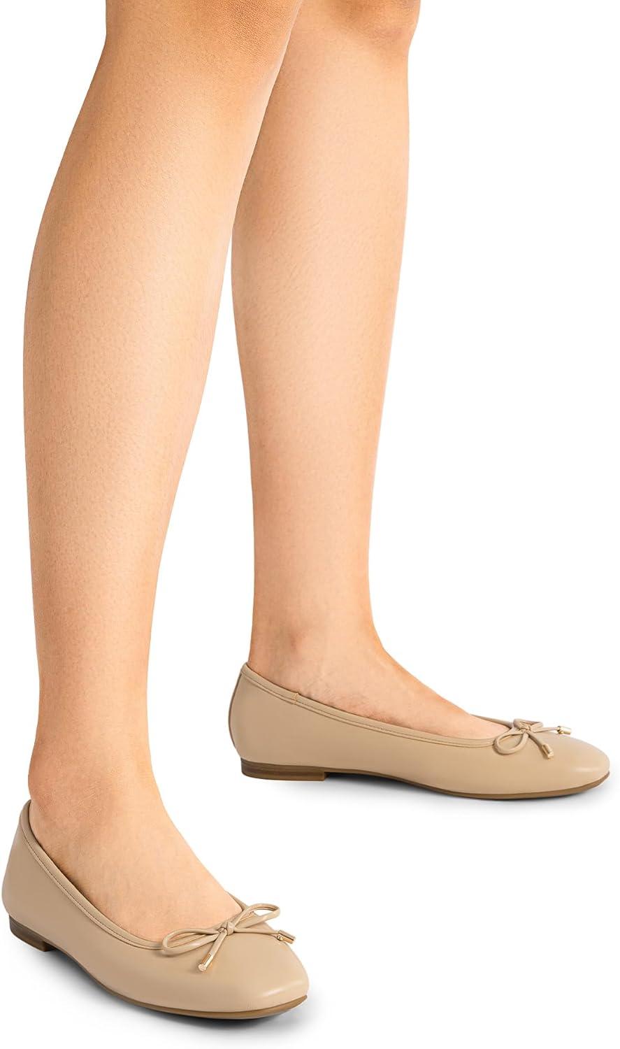 imageDREAM PAIRS Womens Flats Square Toe Ballet Flats Comfortable Casual Ballerina Flat Dress Shoes with Bow Suitable for Dressy Business Casual Work OfficeNude