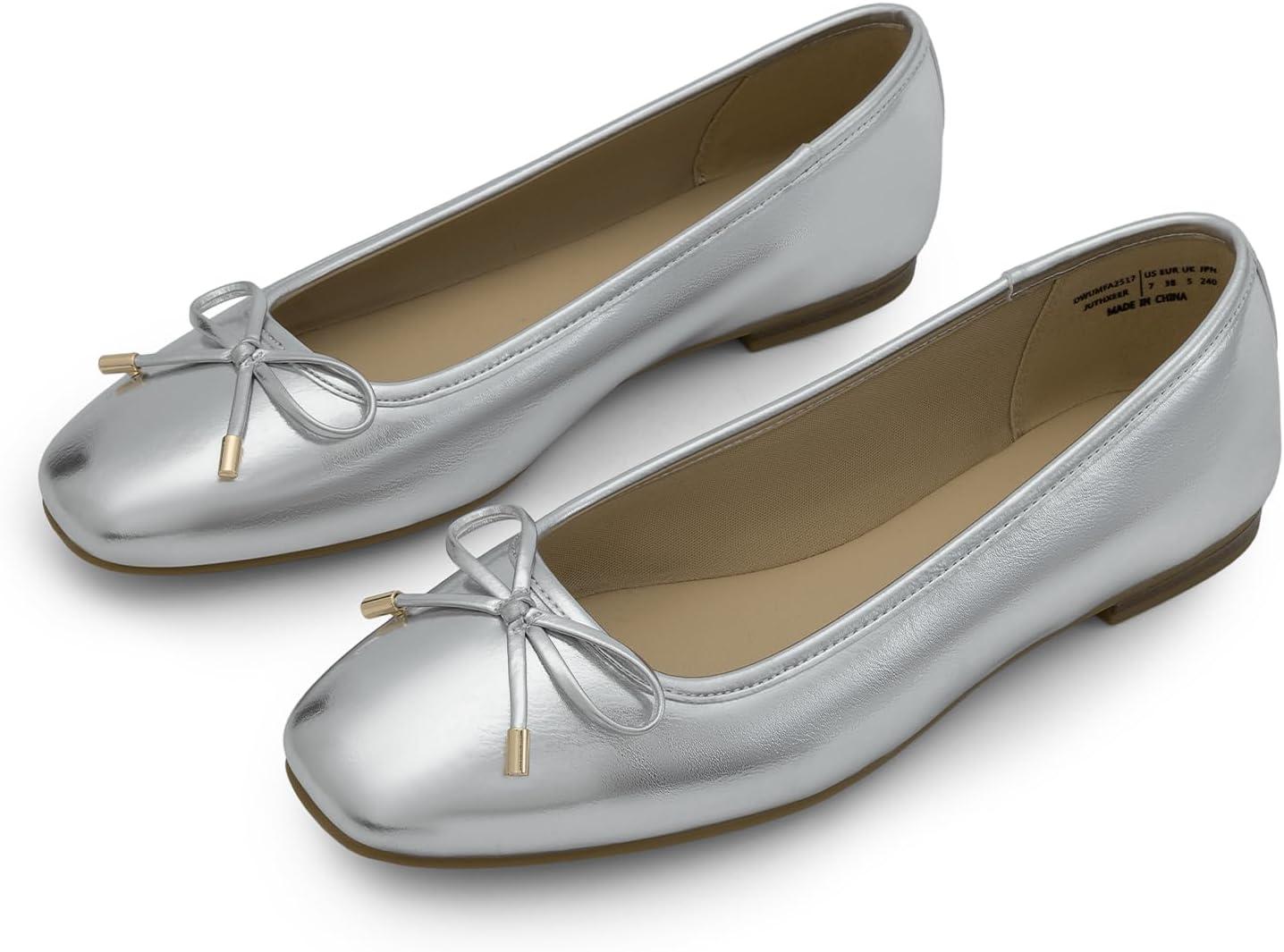 imageDREAM PAIRS Womens Flats Square Toe Ballet Flats Comfortable Casual Ballerina Flat Dress Shoes with Bow Suitable for Dressy Business Casual Work OfficeSilver