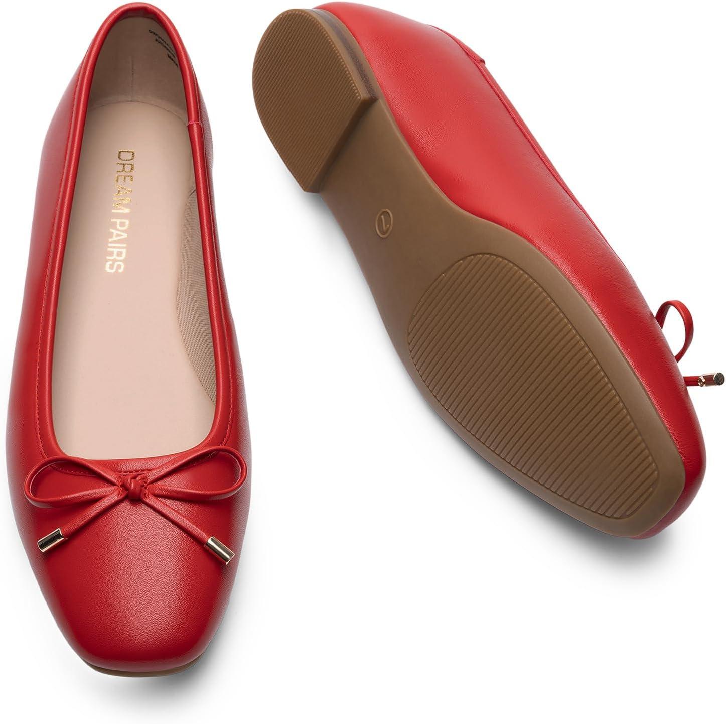 imageDREAM PAIRS Womens Flats Square Toe Ballet Flats Comfortable Casual Ballerina Flat Dress Shoes with Bow Suitable for Dressy Business Casual Work OfficeRed