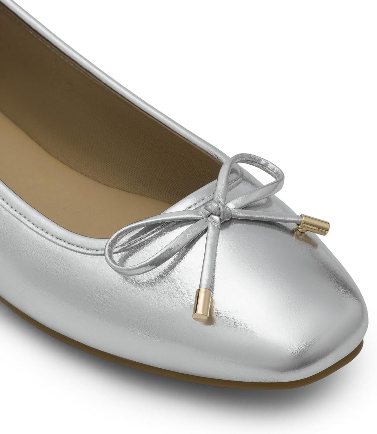 imageDREAM PAIRS Womens Flats Square Toe Ballet Flats Comfortable Casual Ballerina Flat Dress Shoes with Bow Suitable for Dressy Business Casual Work OfficeSilver