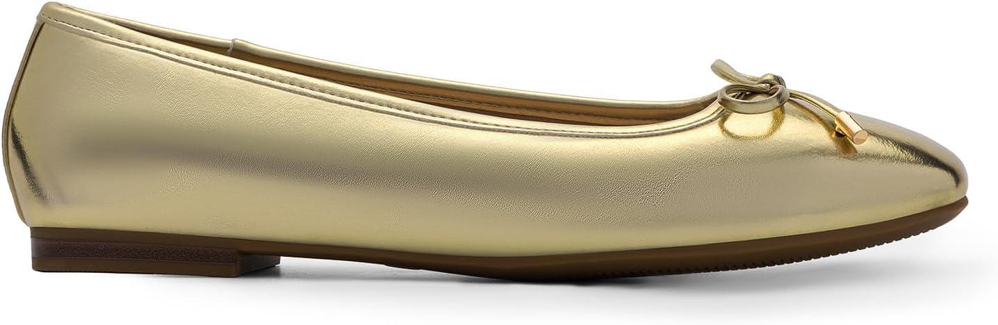 imageDREAM PAIRS Womens Flats Square Toe Ballet Flats Comfortable Casual Ballerina Flat Dress Shoes with Bow Suitable for Dressy Business Casual Work OfficeGold