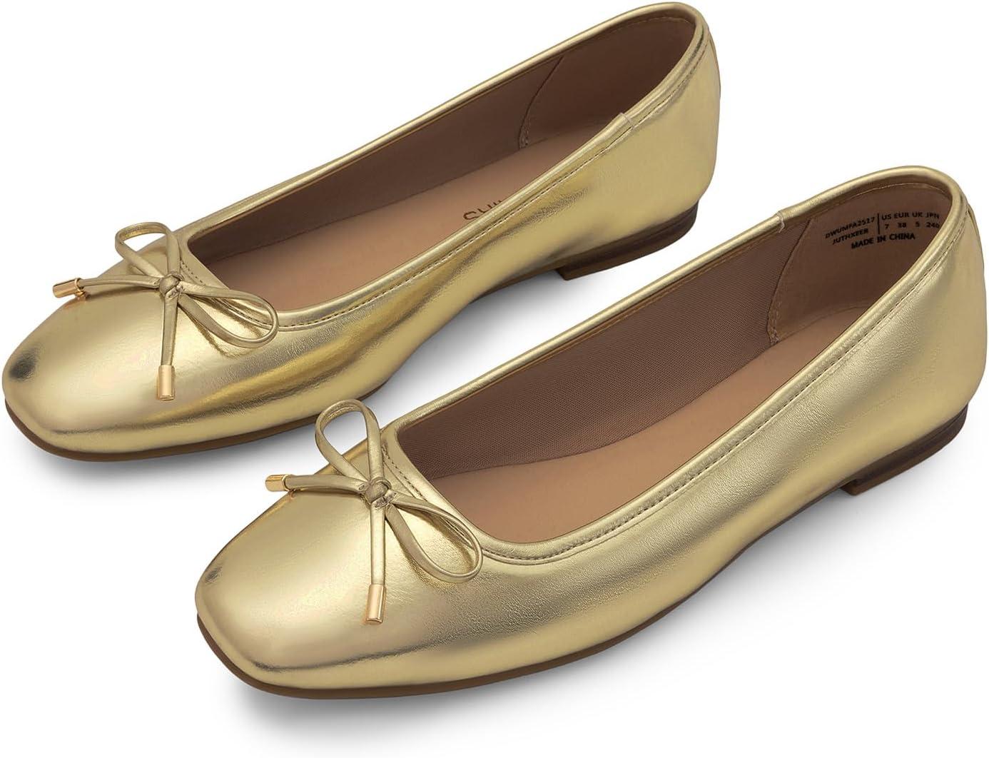 imageDREAM PAIRS Womens Flats Square Toe Ballet Flats Comfortable Casual Ballerina Flat Dress Shoes with Bow Suitable for Dressy Business Casual Work OfficeGold
