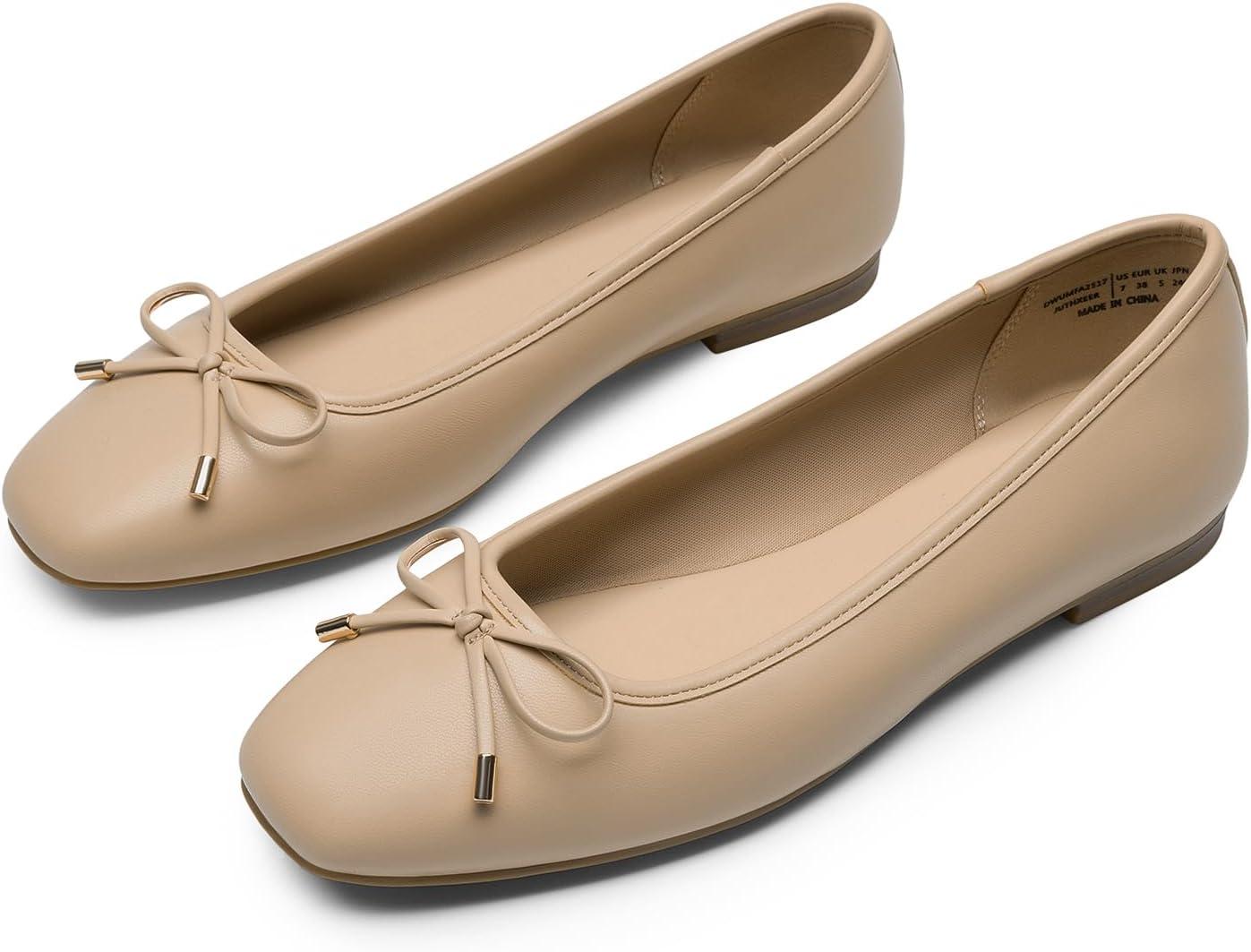 imageDREAM PAIRS Womens Flats Square Toe Ballet Flats Comfortable Casual Ballerina Flat Dress Shoes with Bow Suitable for Dressy Business Casual Work OfficeNude
