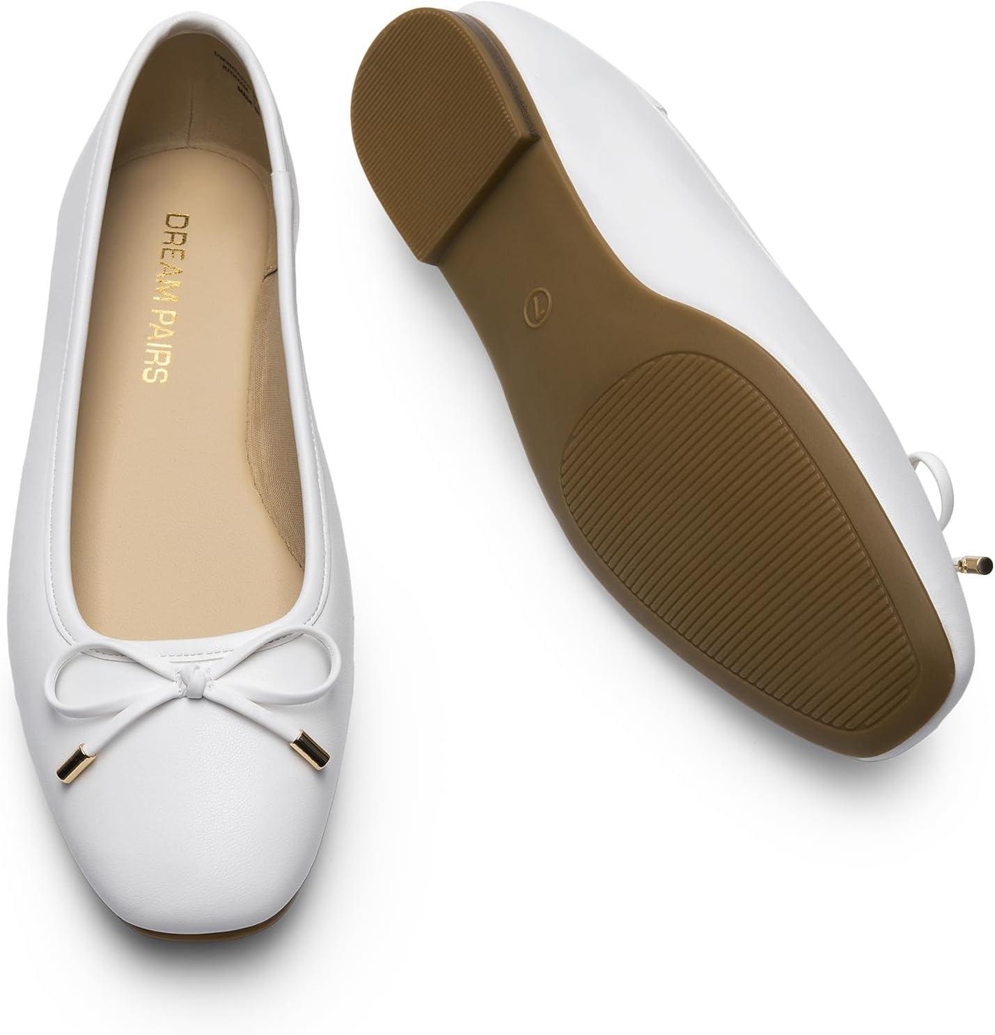 imageDREAM PAIRS Womens Flats Square Toe Ballet Flats Comfortable Casual Ballerina Flat Dress Shoes with Bow Suitable for Dressy Business Casual Work OfficeWhite