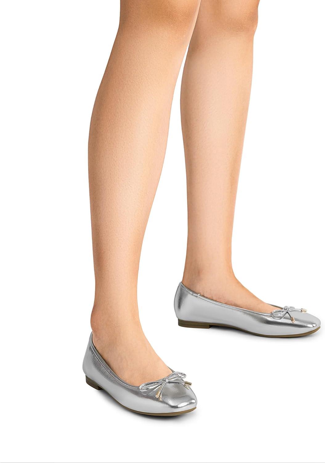 imageDREAM PAIRS Womens Flats Square Toe Ballet Flats Comfortable Casual Ballerina Flat Dress Shoes with Bow Suitable for Dressy Business Casual Work OfficeSilver