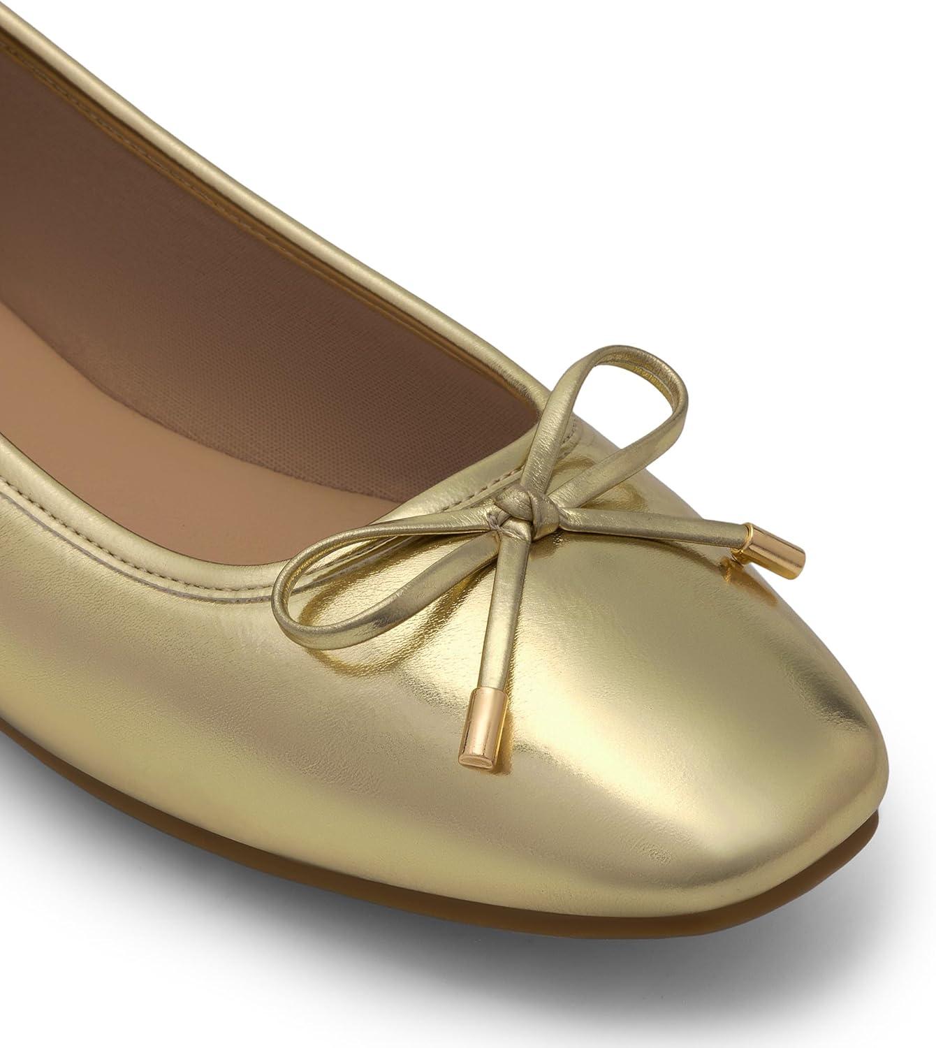 imageDREAM PAIRS Womens Flats Square Toe Ballet Flats Comfortable Casual Ballerina Flat Dress Shoes with Bow Suitable for Dressy Business Casual Work OfficeGold