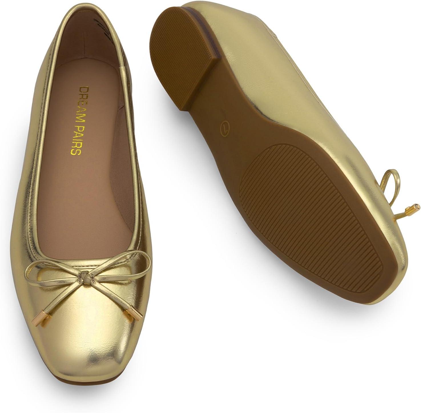 imageDREAM PAIRS Womens Flats Square Toe Ballet Flats Comfortable Casual Ballerina Flat Dress Shoes with Bow Suitable for Dressy Business Casual Work OfficeGold