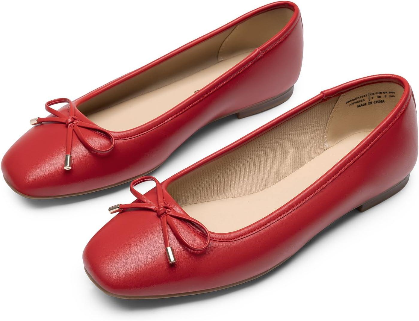 imageDREAM PAIRS Womens Flats Square Toe Ballet Flats Comfortable Casual Ballerina Flat Dress Shoes with Bow Suitable for Dressy Business Casual Work OfficeRed