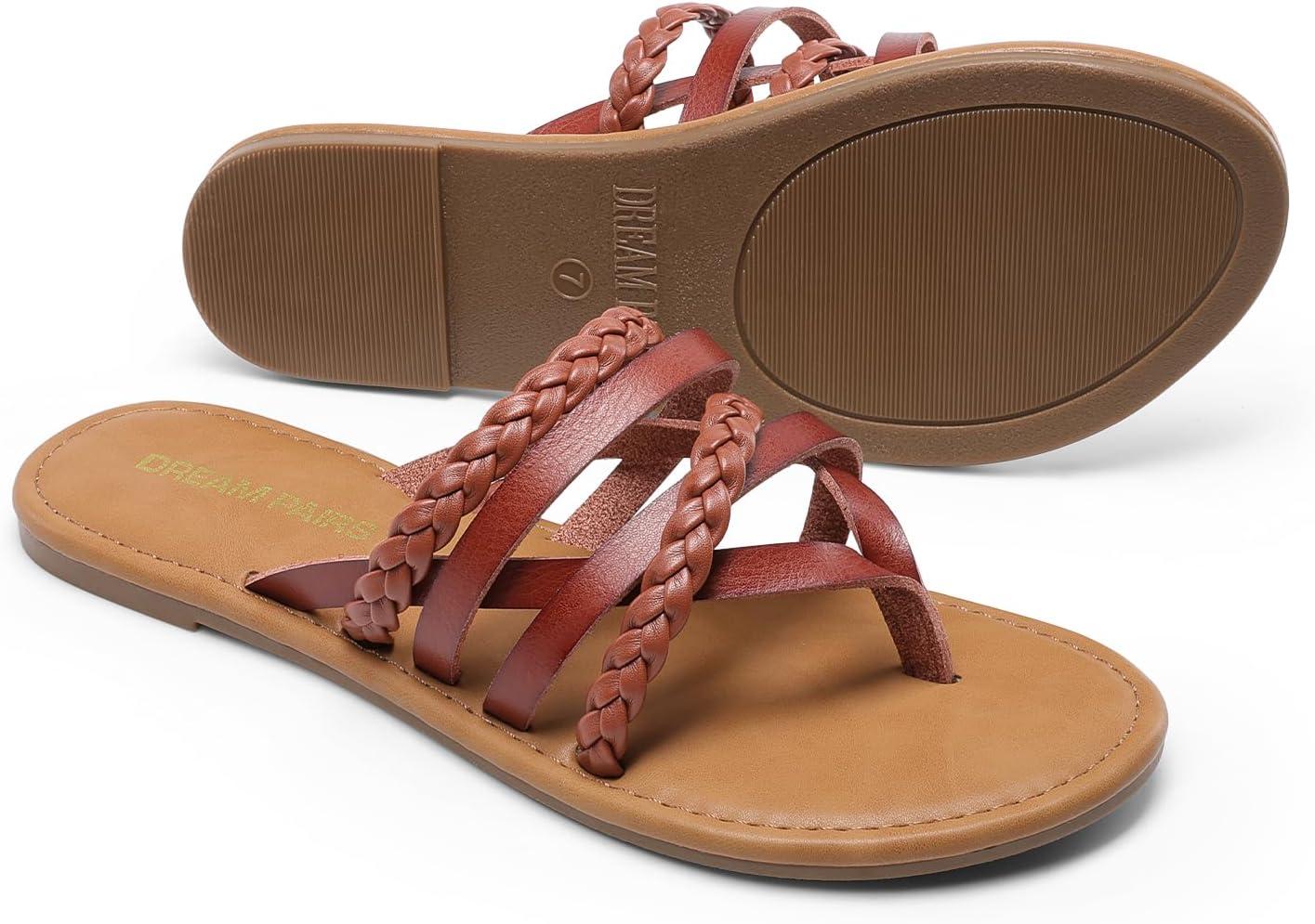 imageDREAM PAIRS Womens Flip Flops Round Toe Multi Strap lightweight Summer Beach Flat Casual Thong SandalsBrown