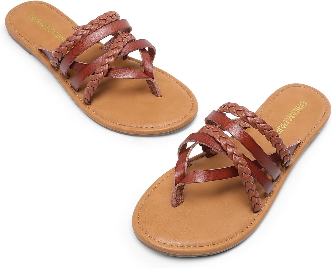 imageDREAM PAIRS Womens Flip Flops Round Toe Multi Strap lightweight Summer Beach Flat Casual Thong SandalsBrown