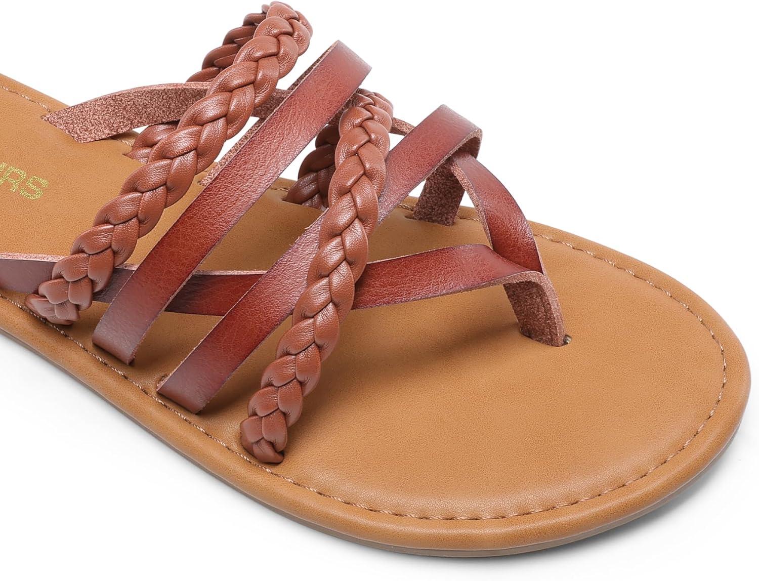 imageDREAM PAIRS Womens Flip Flops Round Toe Multi Strap lightweight Summer Beach Flat Casual Thong SandalsBrown