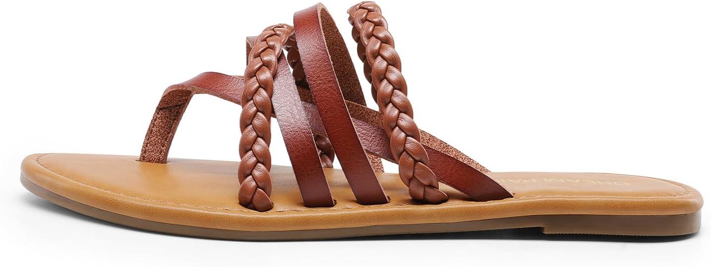 imageDREAM PAIRS Womens Flip Flops Round Toe Multi Strap lightweight Summer Beach Flat Casual Thong SandalsBrown