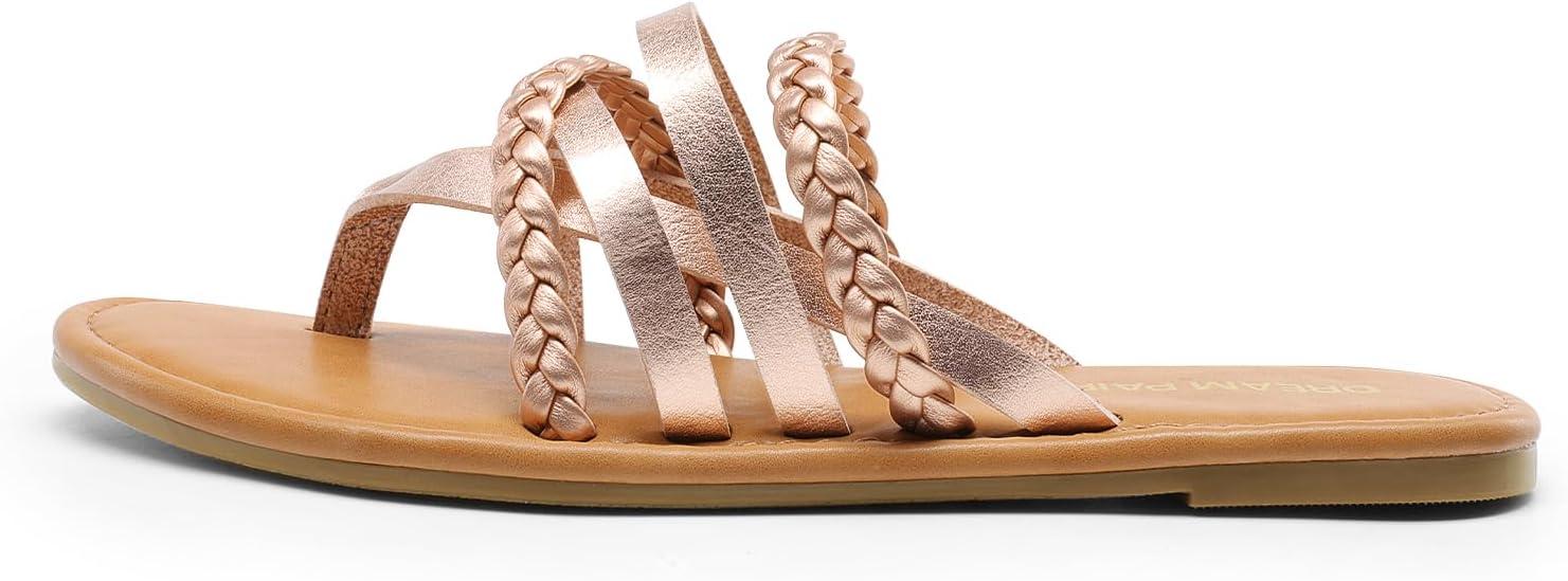 imageDREAM PAIRS Womens Flip Flops Round Toe Multi Strap lightweight Summer Beach Flat Casual Thong SandalsRose Gold