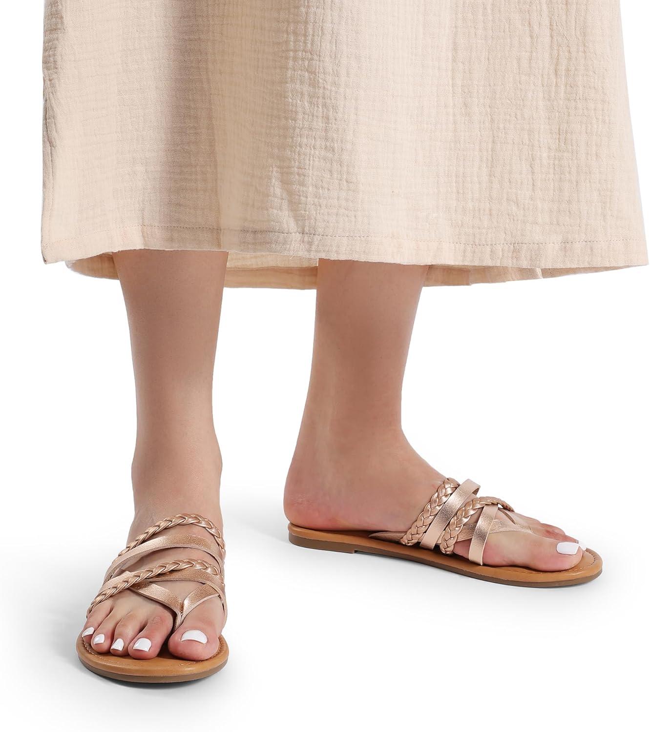 imageDREAM PAIRS Womens Flip Flops Round Toe Multi Strap lightweight Summer Beach Flat Casual Thong SandalsRose Gold