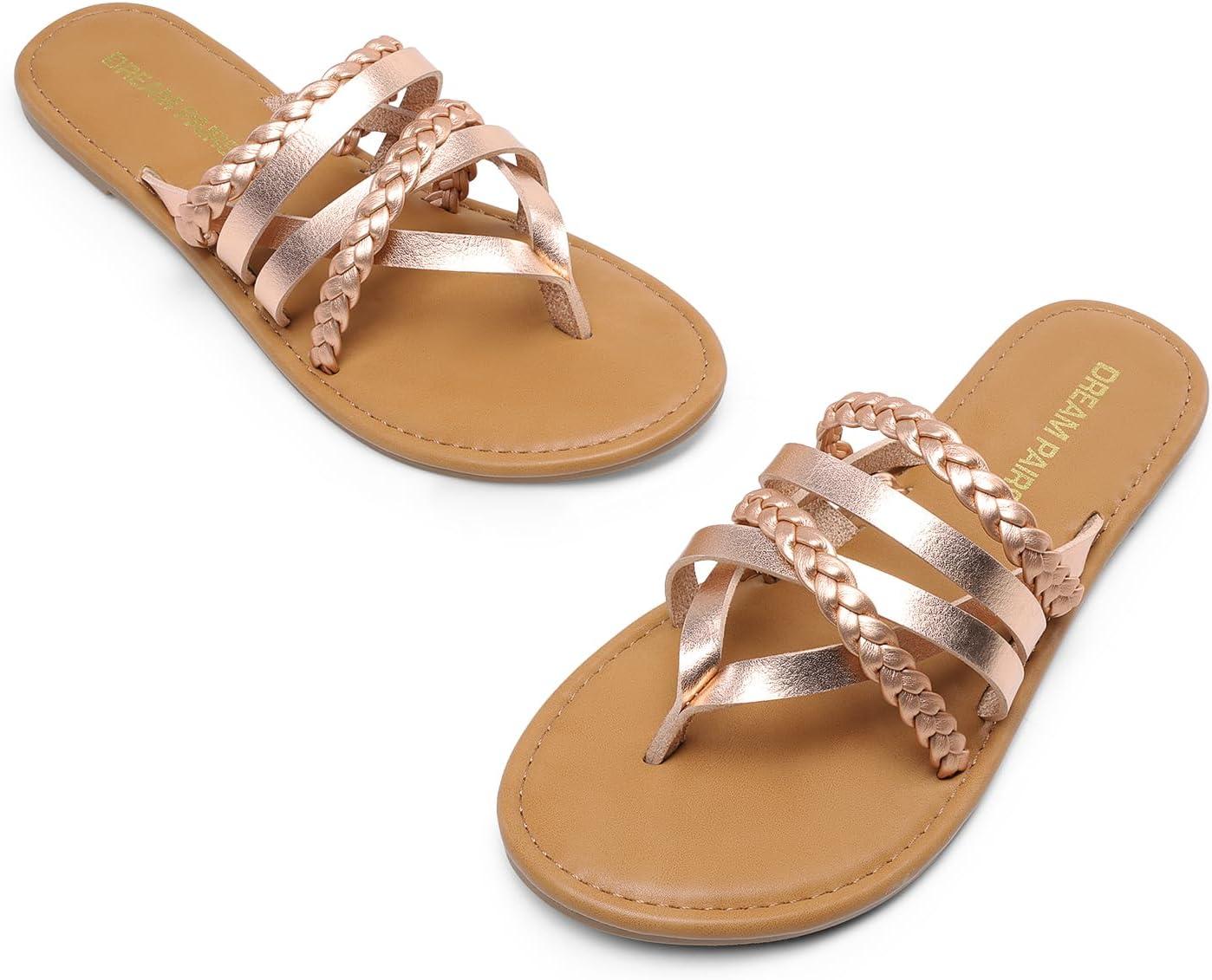 imageDREAM PAIRS Womens Flip Flops Round Toe Multi Strap lightweight Summer Beach Flat Casual Thong SandalsRose Gold