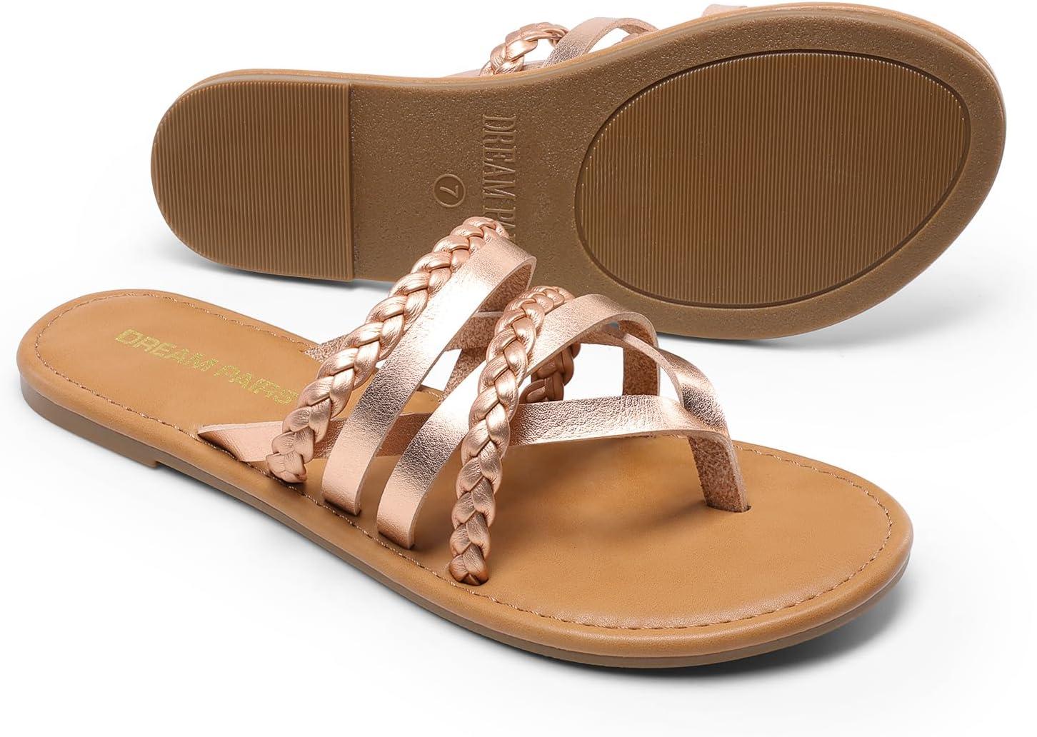 imageDREAM PAIRS Womens Flip Flops Round Toe Multi Strap lightweight Summer Beach Flat Casual Thong SandalsRose Gold