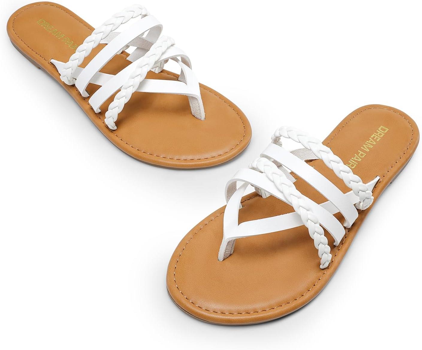 imageDREAM PAIRS Womens Flip Flops Round Toe Multi Strap lightweight Summer Beach Flat Casual Thong SandalsWhite