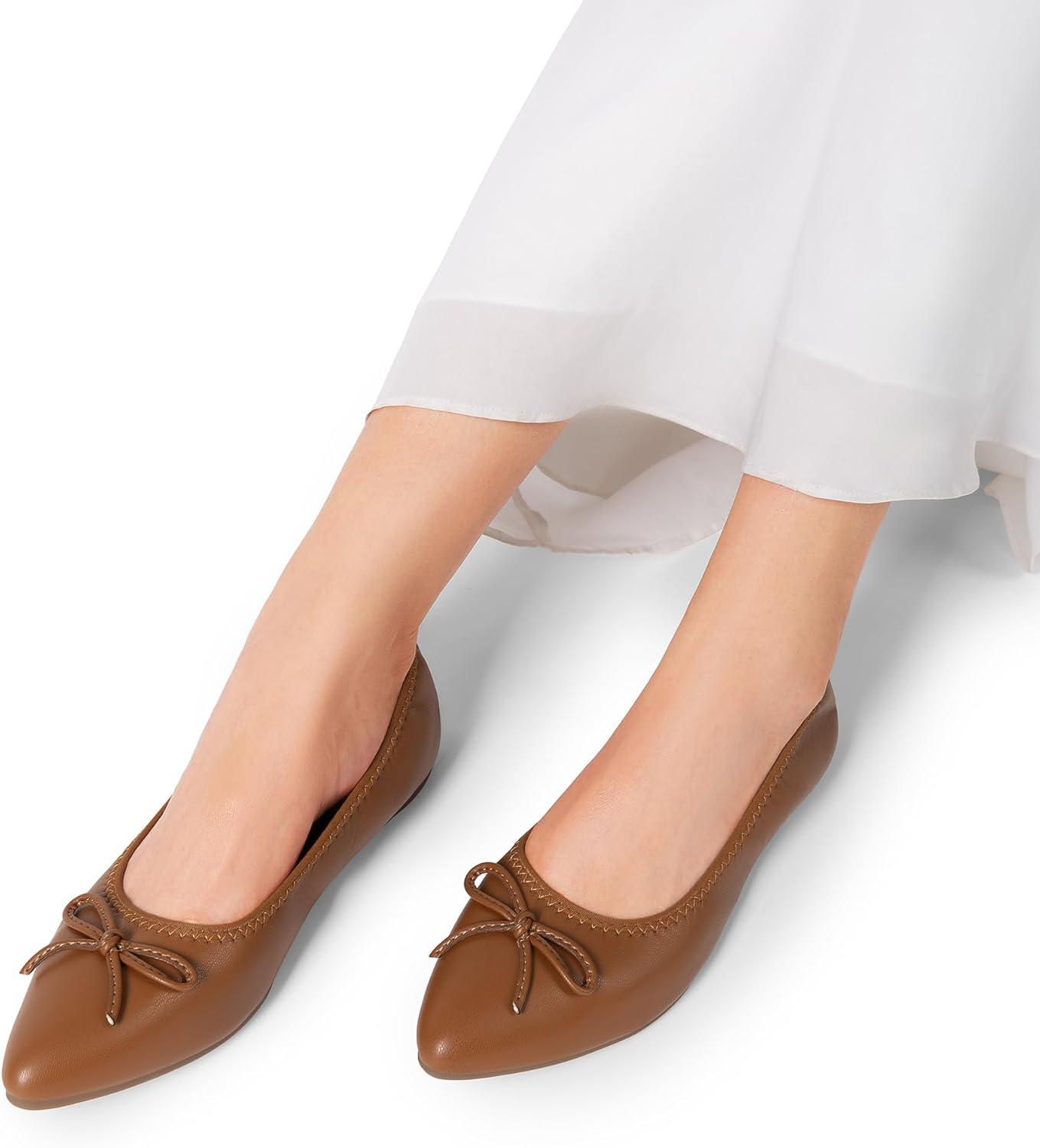 imageDREAM PAIRS Womens Foldable Flats Shoes Pointed Toe Ballet Flats Bowknot Comfort Slip on Dress ShoesBrown