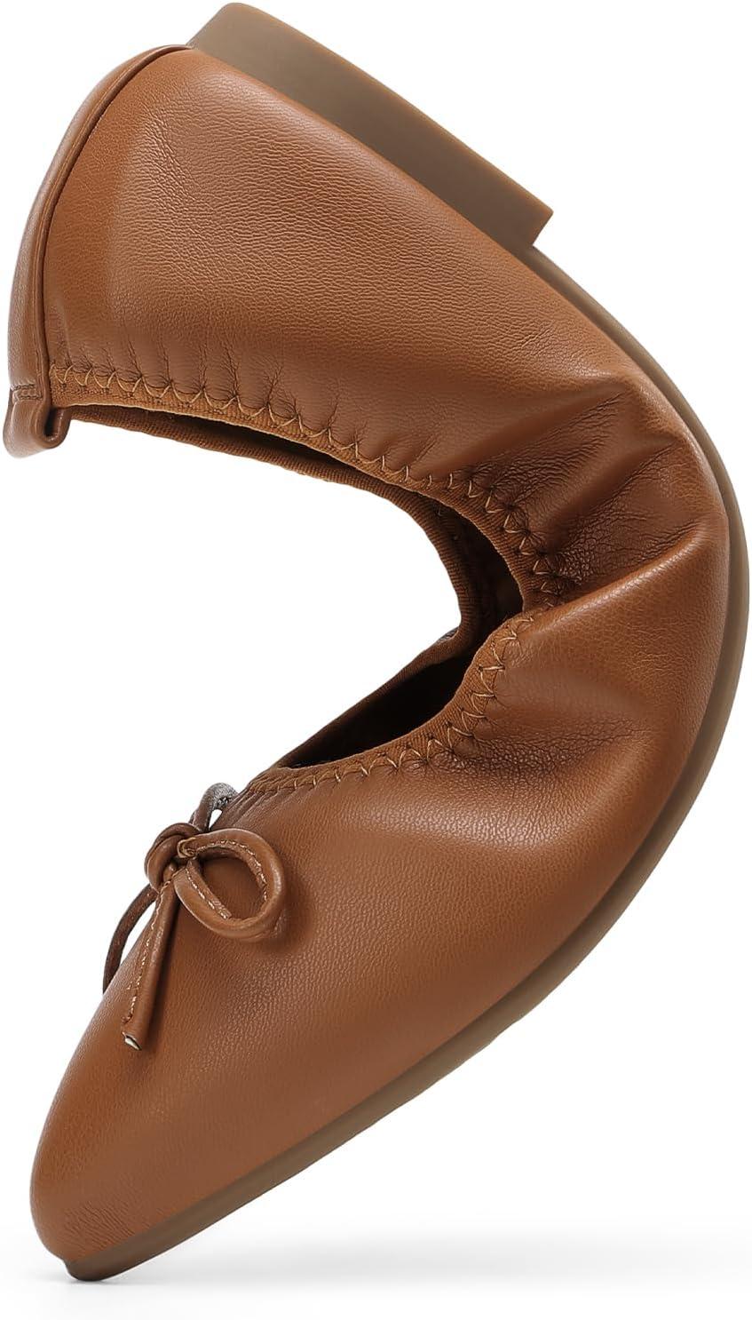 imageDREAM PAIRS Womens Foldable Flats Shoes Pointed Toe Ballet Flats Bowknot Comfort Slip on Dress ShoesBrown