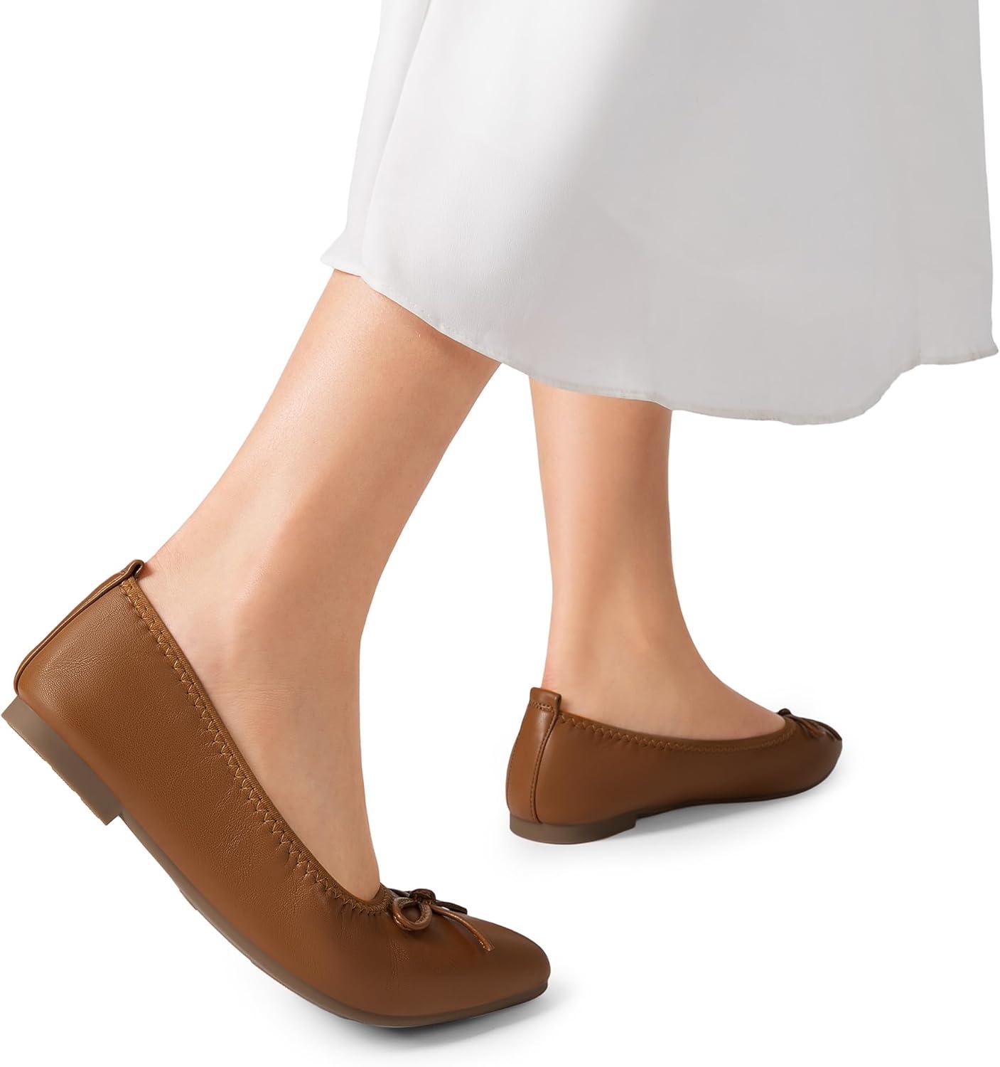 imageDREAM PAIRS Womens Foldable Flats Shoes Pointed Toe Ballet Flats Bowknot Comfort Slip on Dress ShoesBrown