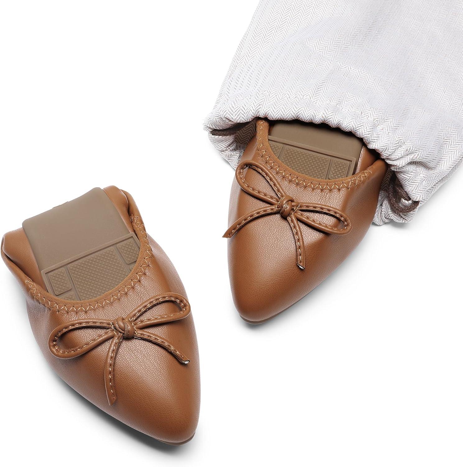 imageDREAM PAIRS Womens Foldable Flats Shoes Pointed Toe Ballet Flats Bowknot Comfort Slip on Dress ShoesBrown