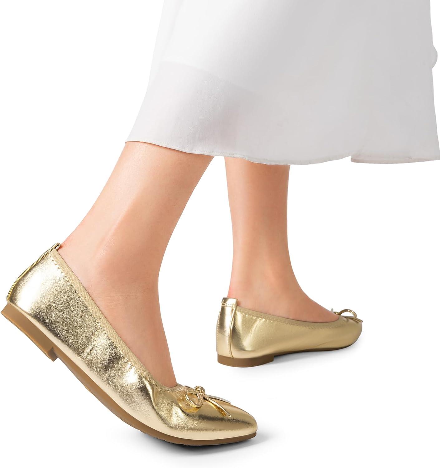 imageDREAM PAIRS Womens Foldable Flats Shoes Pointed Toe Ballet Flats Bowknot Comfort Slip on Dress ShoesGold