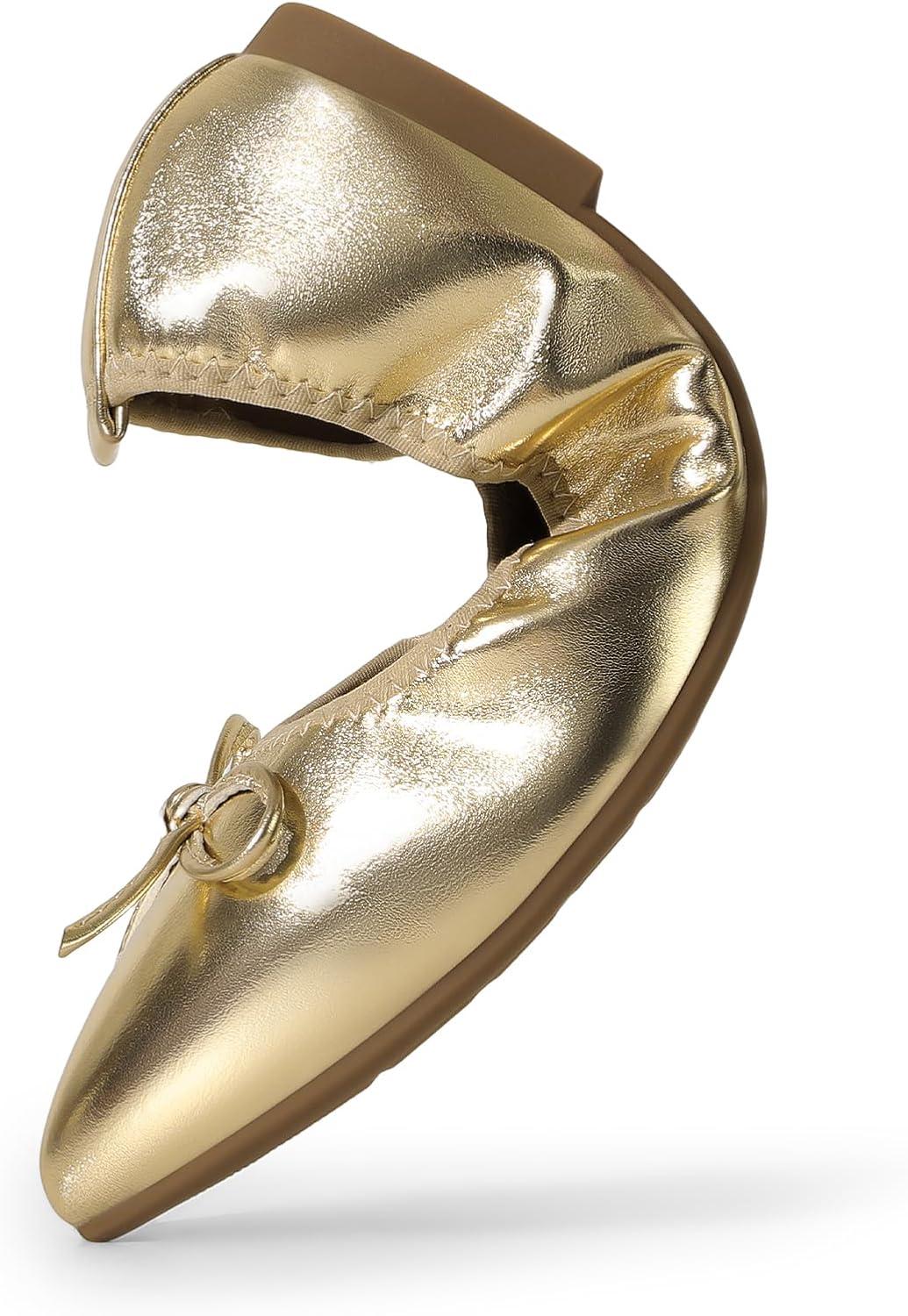 imageDREAM PAIRS Womens Foldable Flats Shoes Pointed Toe Ballet Flats Bowknot Comfort Slip on Dress ShoesGold