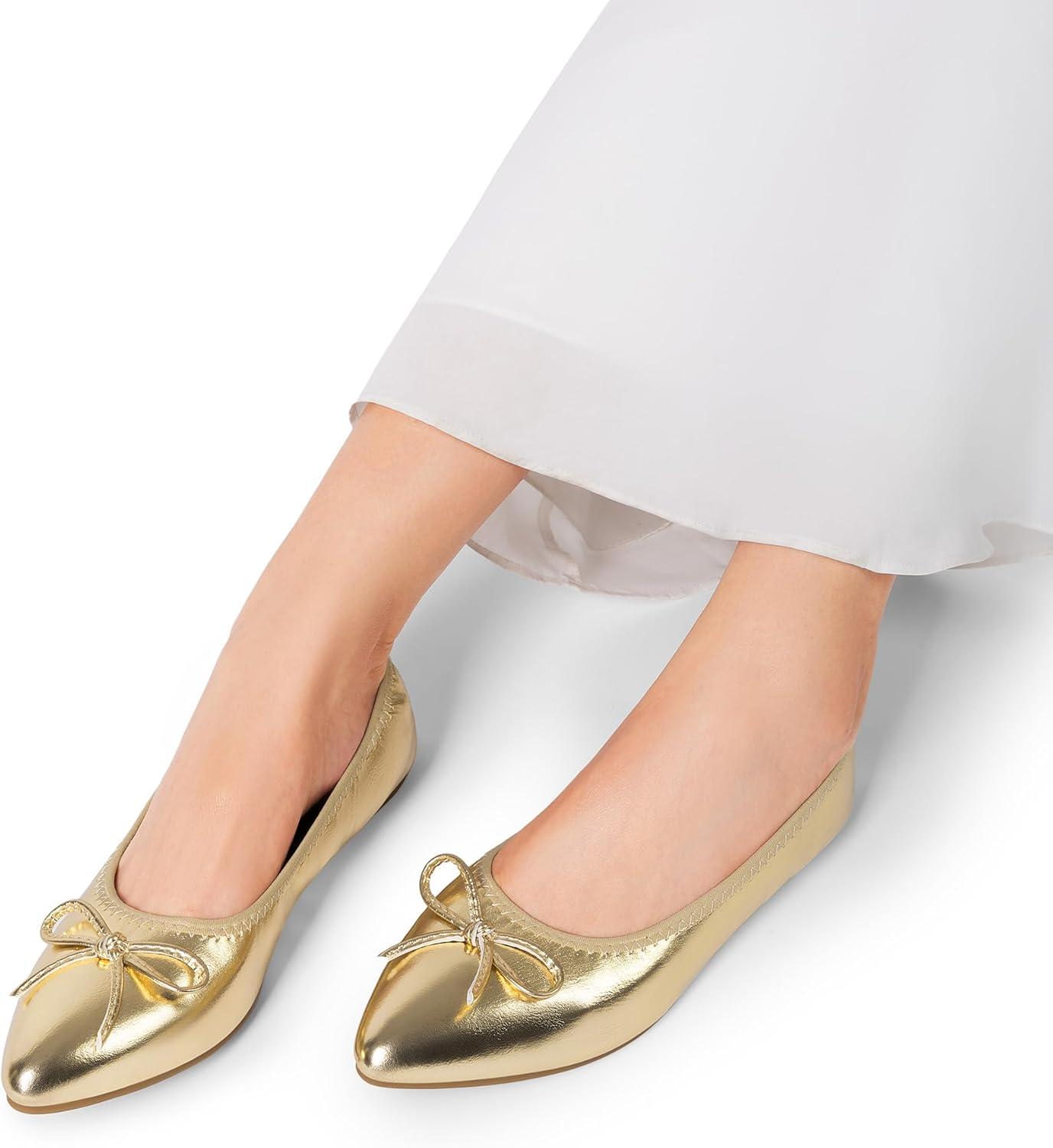imageDREAM PAIRS Womens Foldable Flats Shoes Pointed Toe Ballet Flats Bowknot Comfort Slip on Dress ShoesGold