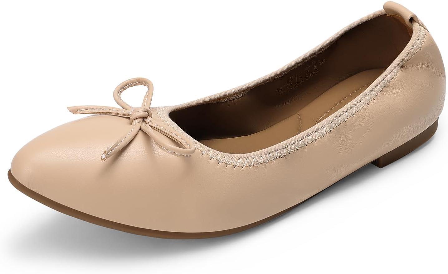 imageDREAM PAIRS Womens Foldable Flats Shoes Pointed Toe Ballet Flats Bowknot Comfort Slip on Dress ShoesNude