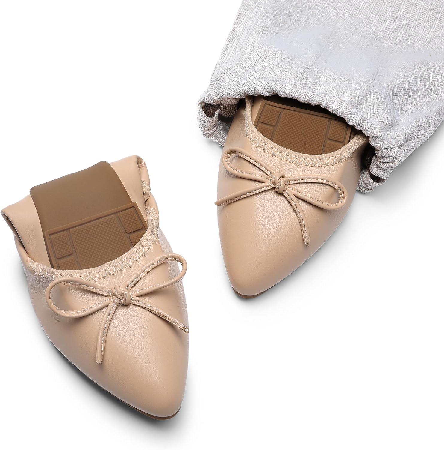 imageDREAM PAIRS Womens Foldable Flats Shoes Pointed Toe Ballet Flats Bowknot Comfort Slip on Dress ShoesNude