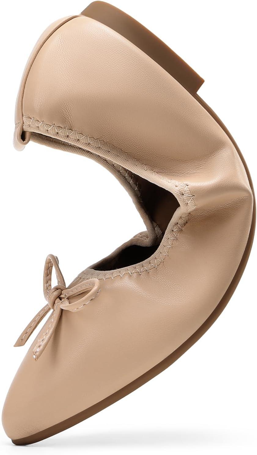 imageDREAM PAIRS Womens Foldable Flats Shoes Pointed Toe Ballet Flats Bowknot Comfort Slip on Dress ShoesNude