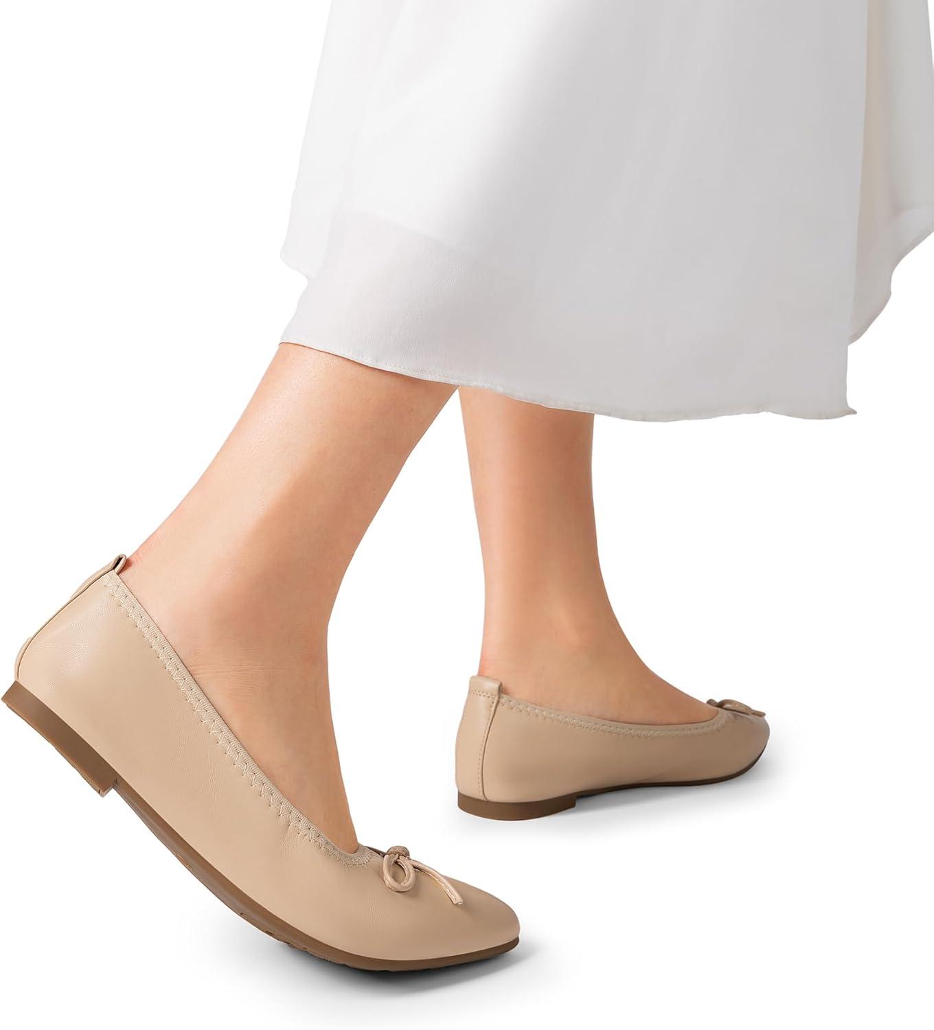 imageDREAM PAIRS Womens Foldable Flats Shoes Pointed Toe Ballet Flats Bowknot Comfort Slip on Dress ShoesNude