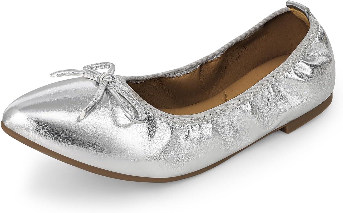 imageDREAM PAIRS Womens Foldable Flats Shoes Pointed Toe Ballet Flats Bowknot Comfort Slip on Dress ShoesSilver