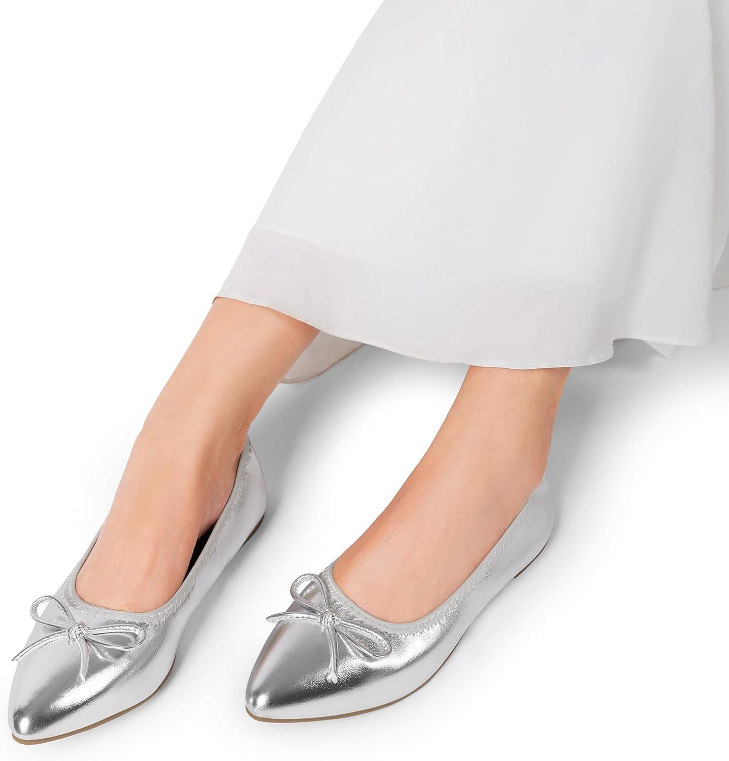 imageDREAM PAIRS Womens Foldable Flats Shoes Pointed Toe Ballet Flats Bowknot Comfort Slip on Dress ShoesSilver