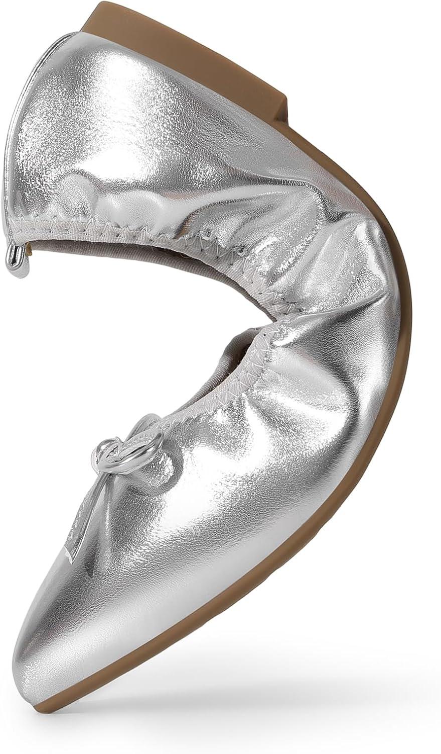 imageDREAM PAIRS Womens Foldable Flats Shoes Pointed Toe Ballet Flats Bowknot Comfort Slip on Dress ShoesSilver